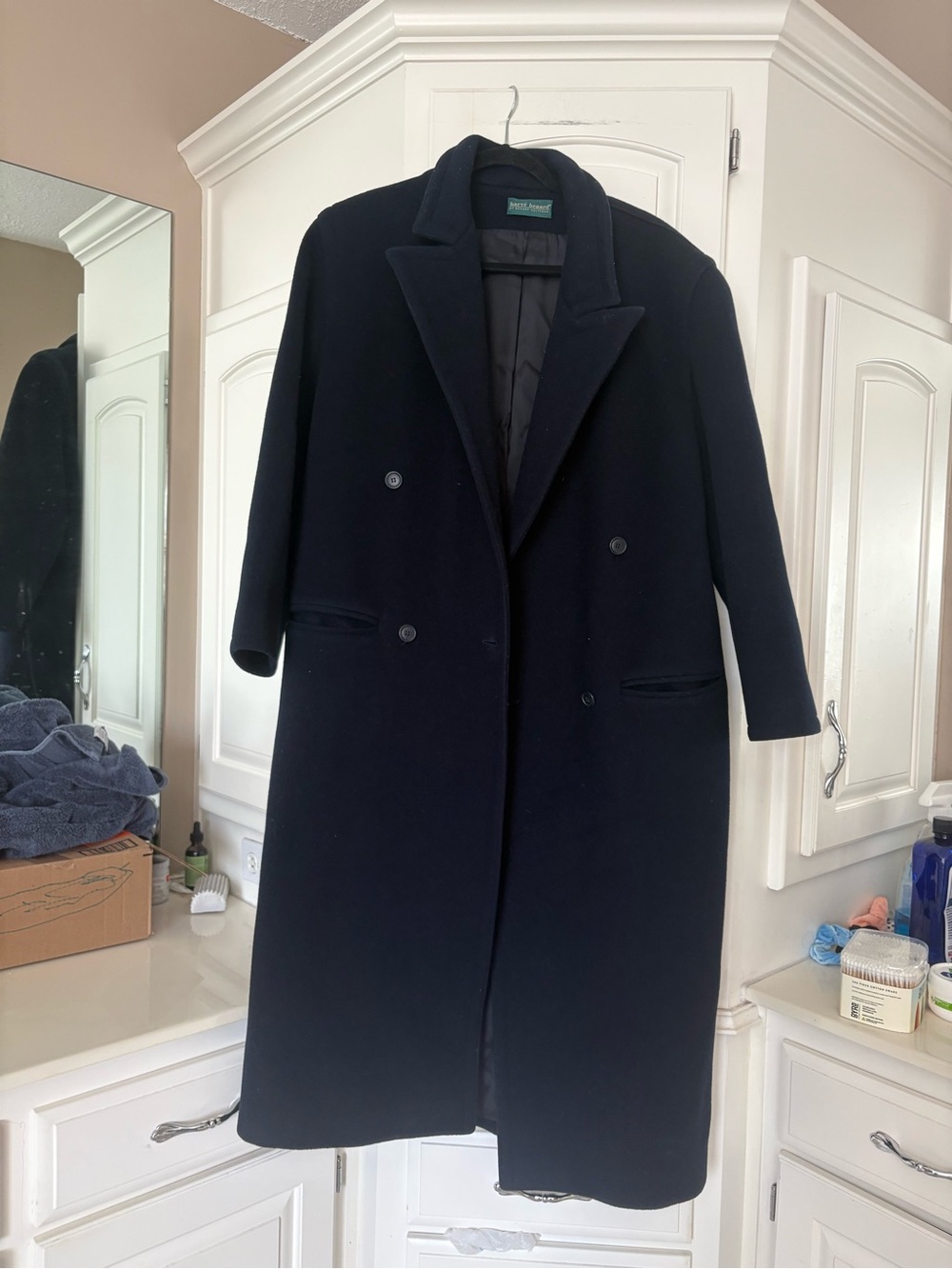 Harve Benard Maxi Double-Breasted Wool Pea Coat in Navy